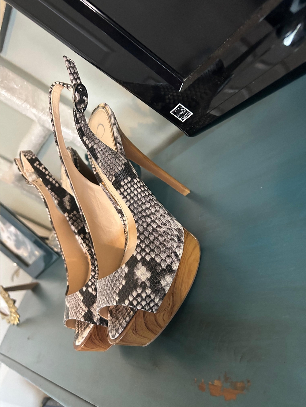Jessica Simpson Black and Gray Snake-Print Slingback Platform Heels - Picture 2 of 6